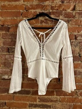 Women's White Crochet-Trim V-Neck Bodysuit